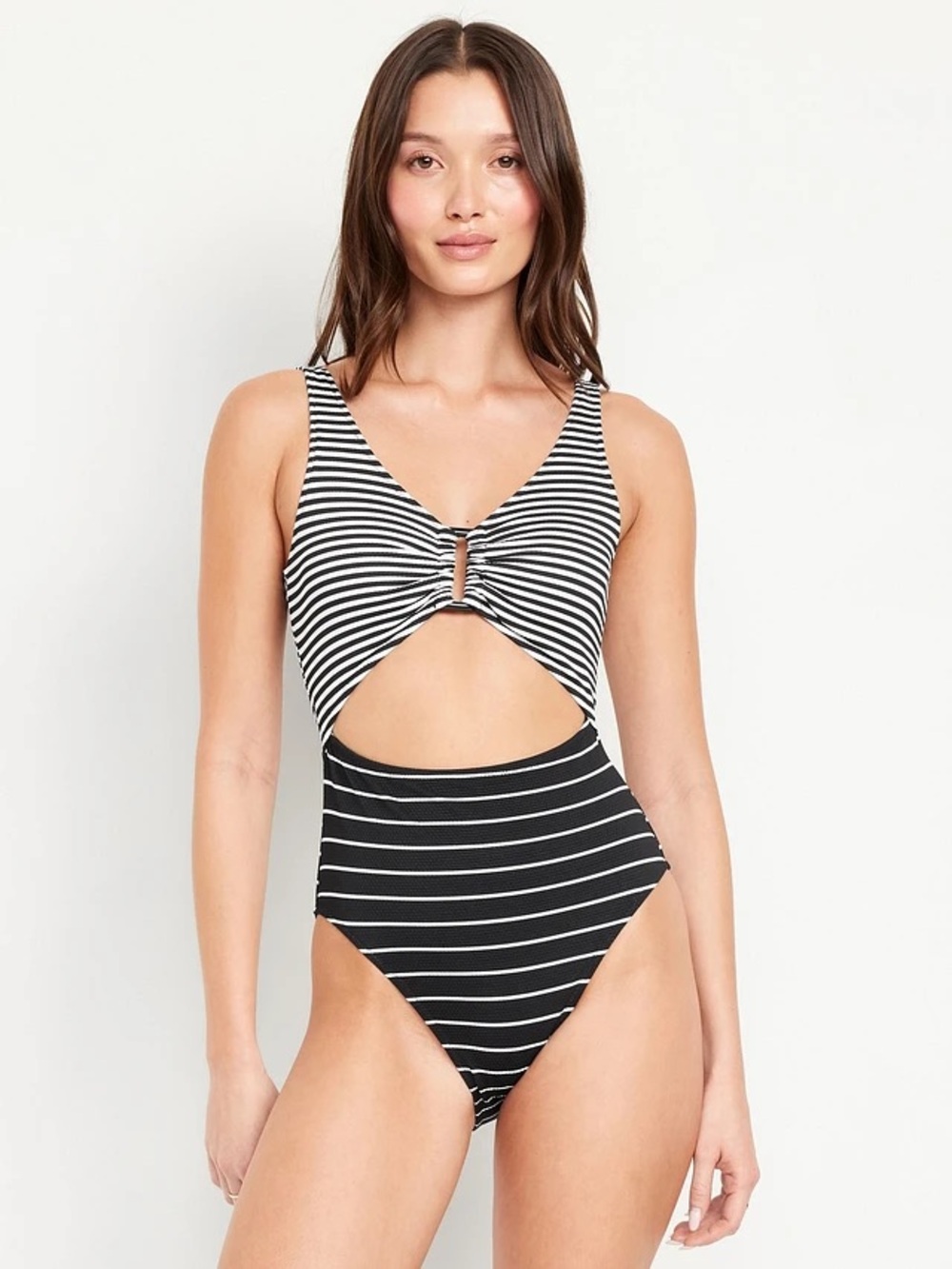 Old Navy Black and White Striped Cutout One-Piece Swimsuit